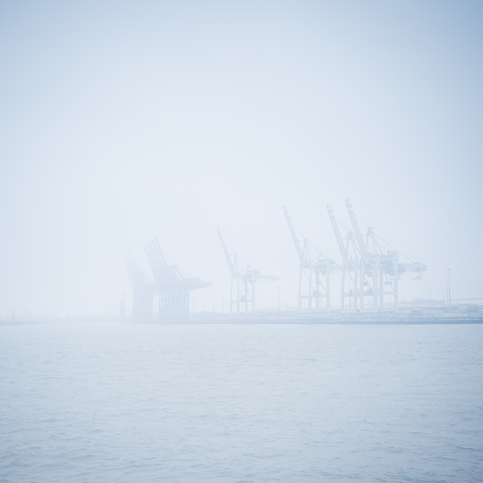 Hamburg auf Holz - Hafenkräne im Nebel